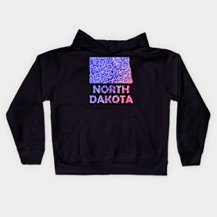 Colorful mandala art map of North Dakota with text in blue and violet Kids Hoodie